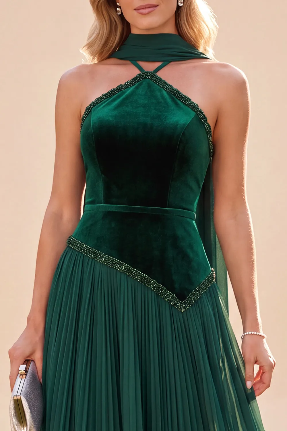 Halter Neck Dark Green A-Line Pleated Maxi Dress sold by Zapaka product image thumbnail 4