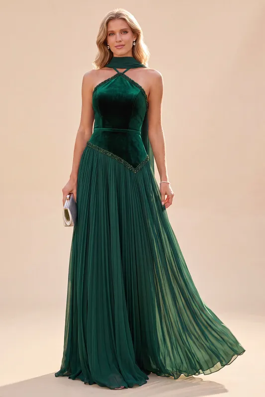 Halter Neck Dark Green A-Line Pleated Maxi Dress made by Zapaka