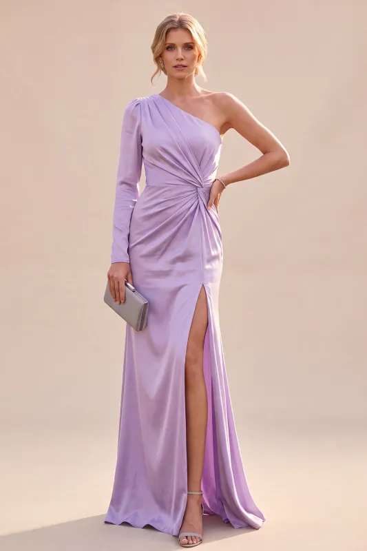 Light Purple One Shoulder Satin Ruched Mermaid Maxi Dress with Slit made by Zapaka