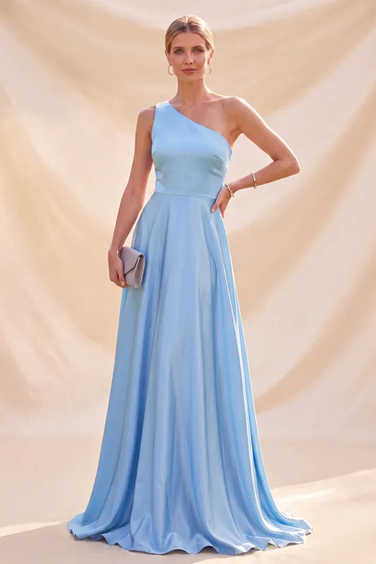 Sky Blue A-Line One Shoulder Satin Maxi Dress made by Zapaka