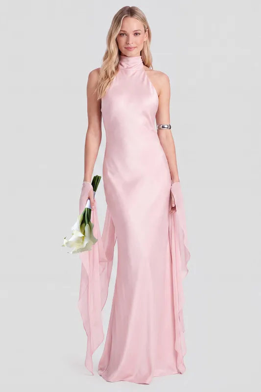 Pink Halter Neck Satin Mermaid Long Bridesmaid Dress made by Zapaka