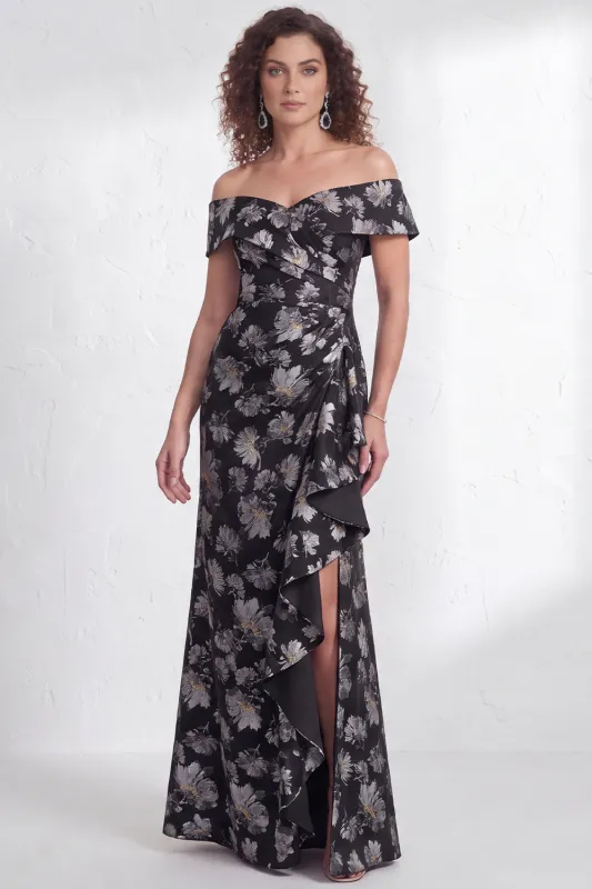 Off the Shoulder Mermaid Black Floral Ruffled Long Mother of the Bride Dress with Slit made by Zapaka