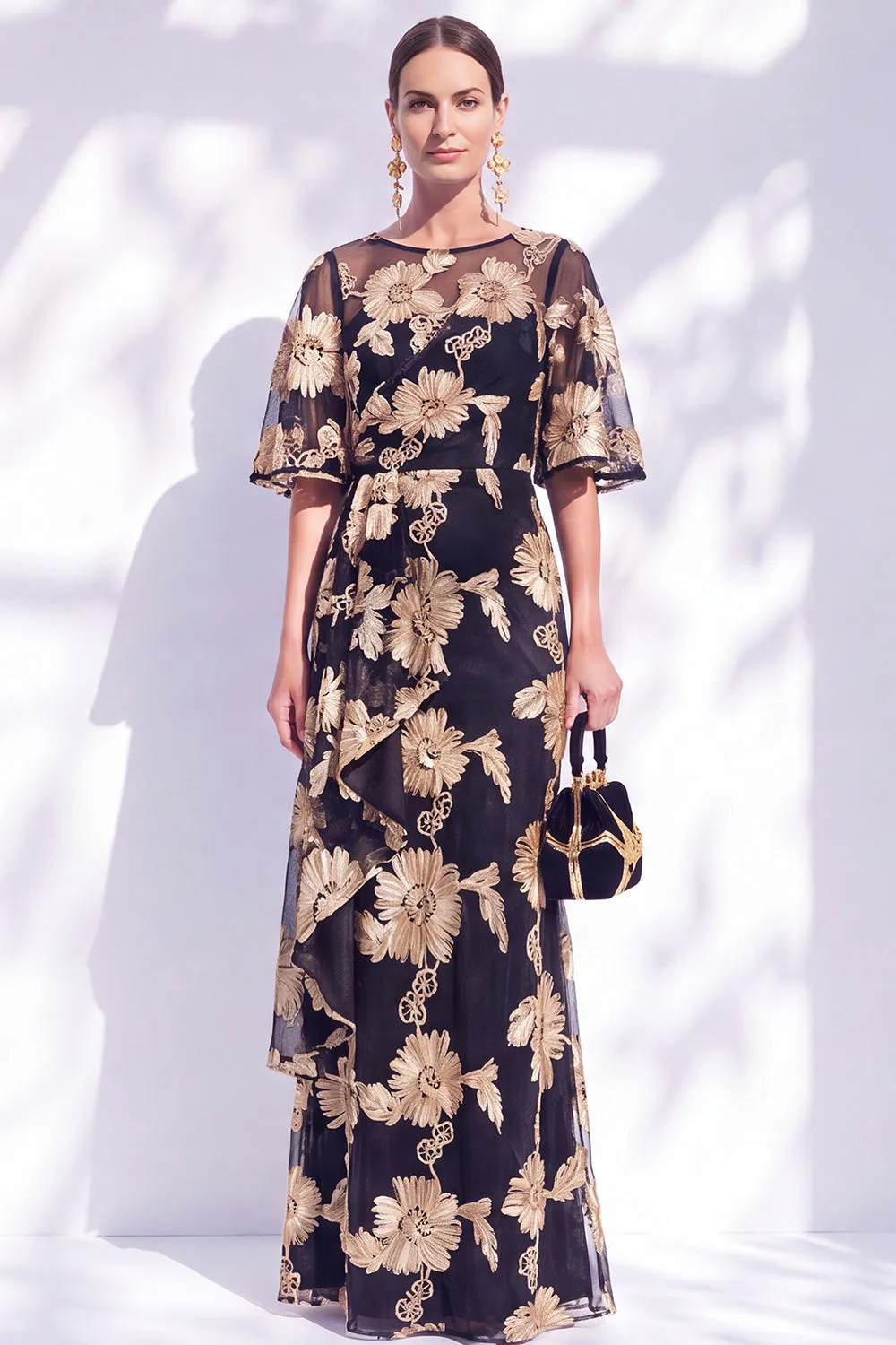 Navy Mermaid Ruffled Floral Long Mother of the Bride Dress with Half Sleeves sold by Zapaka product image thumbnail 5