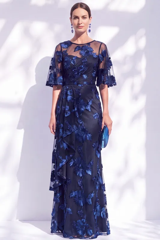 Navy Mermaid Ruffled Floral Long Mother of the Bride Dress with Half Sleeves made by Zapaka