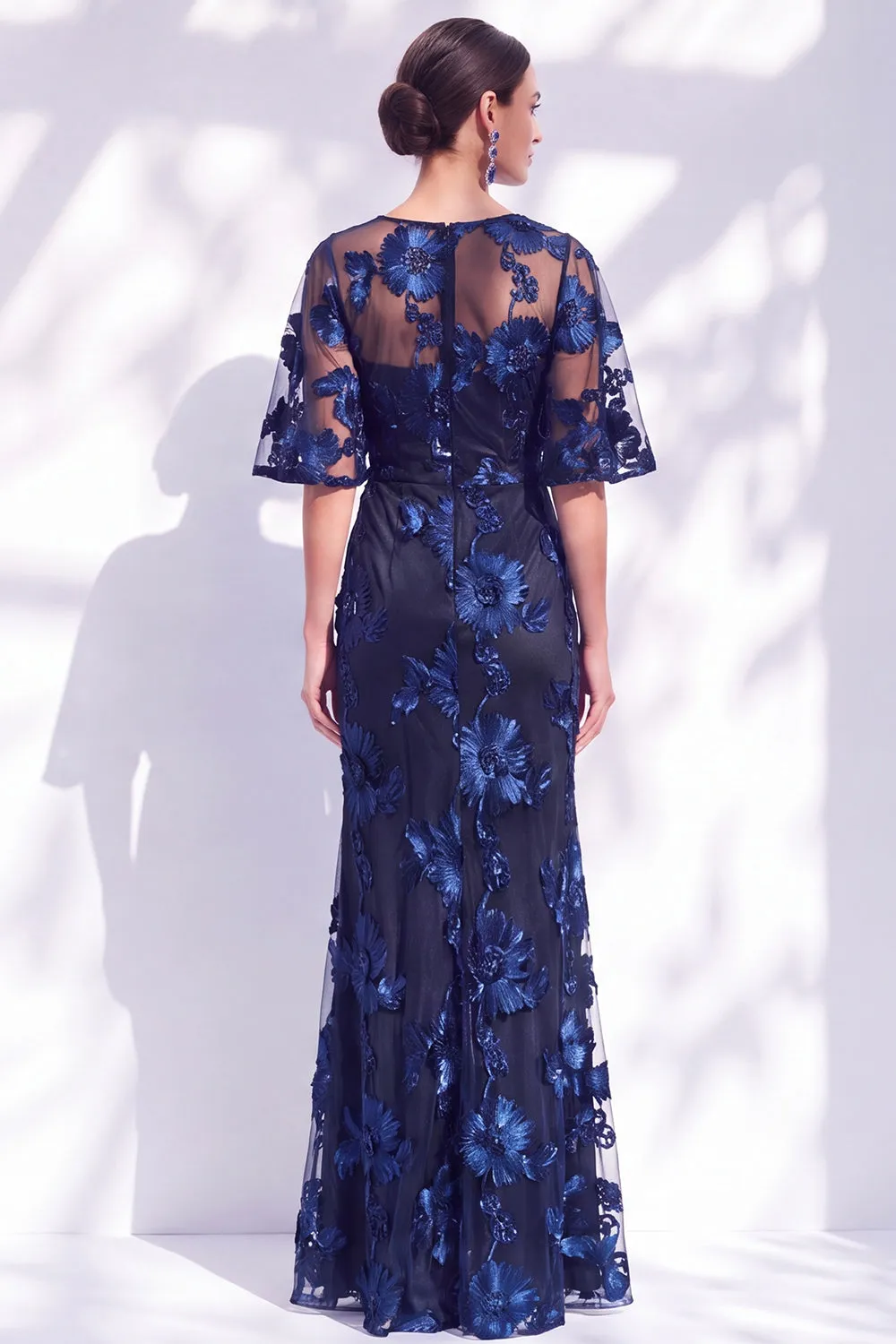 Navy Mermaid Ruffled Floral Long Mother of the Bride Dress with Half Sleeves sold by Zapaka product image thumbnail 2