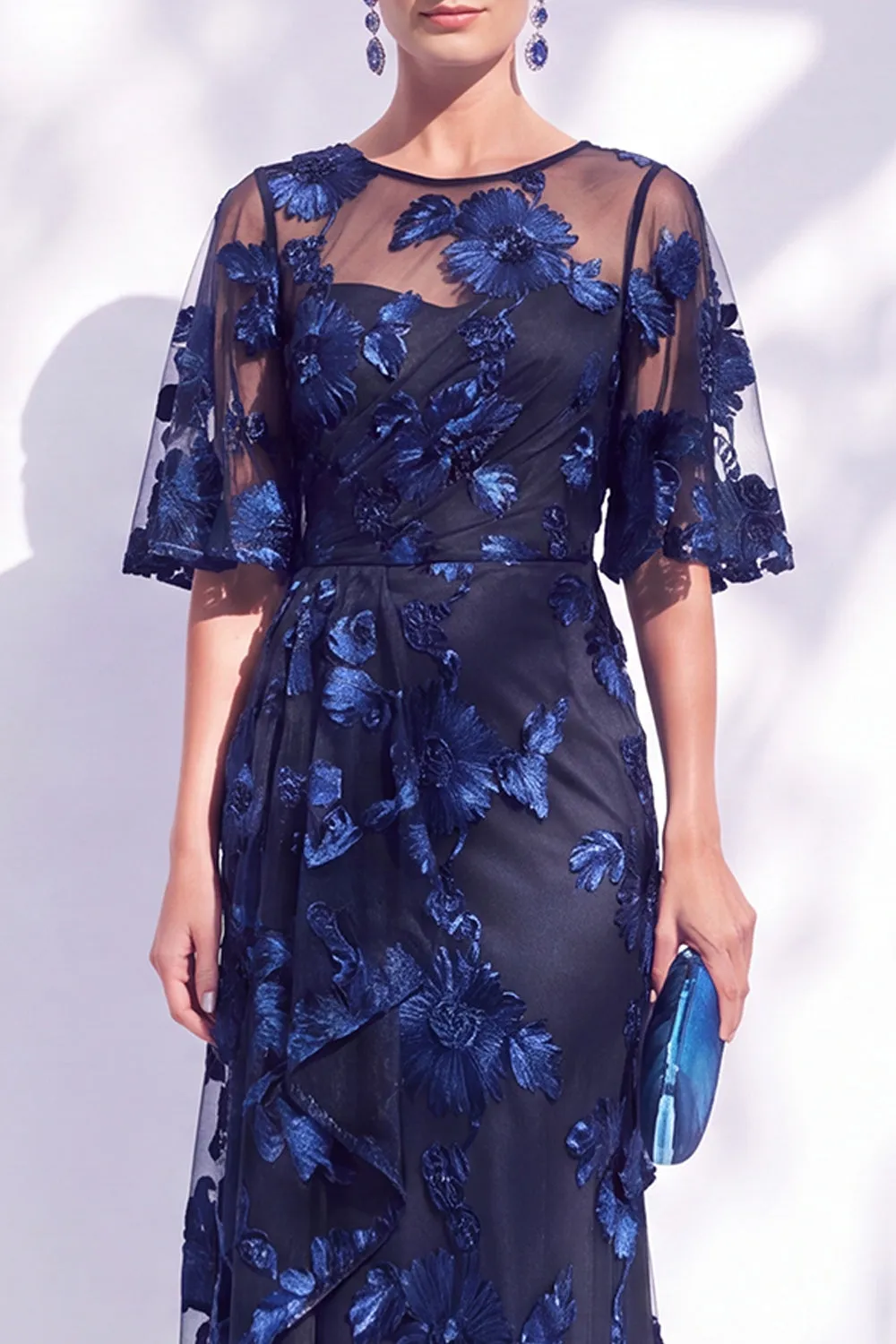 Navy Mermaid Ruffled Floral Long Mother of the Bride Dress with Half Sleeves sold by Zapaka product image thumbnail 3