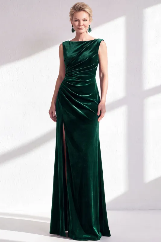 Dark Green Velvet Bateau Neck Ruched Mermaid Long Mother of the Bride Dress with Slit made by Zapaka