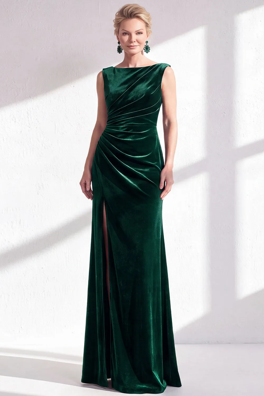 Dark Green Velvet Bateau Neck Ruched Mermaid Long Mother of the Bride Dress with Slit sold by Zapaka