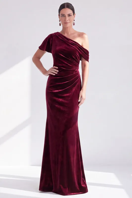 Mermaid Burgundy Velvet Off the Shoulder Ruched Long Mother of the Bride Dress made by Zapaka