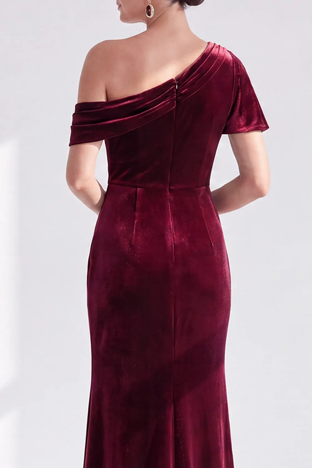 Mermaid Burgundy Velvet Off the Shoulder Ruched Long Mother of the Bride Dress sold by Zapaka product image thumbnail 4