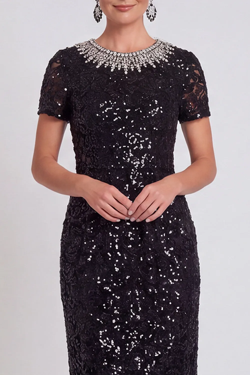 Sparkly Black Round Neck Sequins Bodycon Midi Mother of the Bride Dress with Beading sold by Zapaka product image thumbnail 3