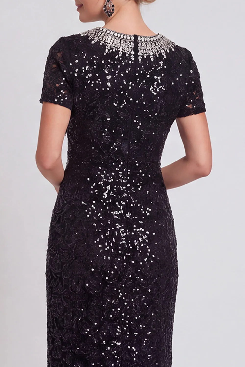 Sparkly Black Round Neck Sequins Bodycon Midi Mother of the Bride Dress with Beading sold by Zapaka product image thumbnail 4