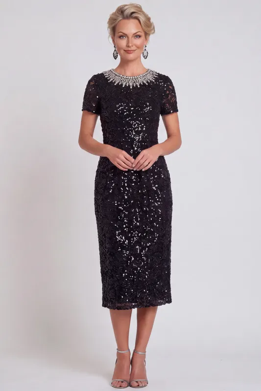 Sparkly Black Round Neck Sequins Bodycon Midi Mother of the Bride Dress with Beading made by Zapaka