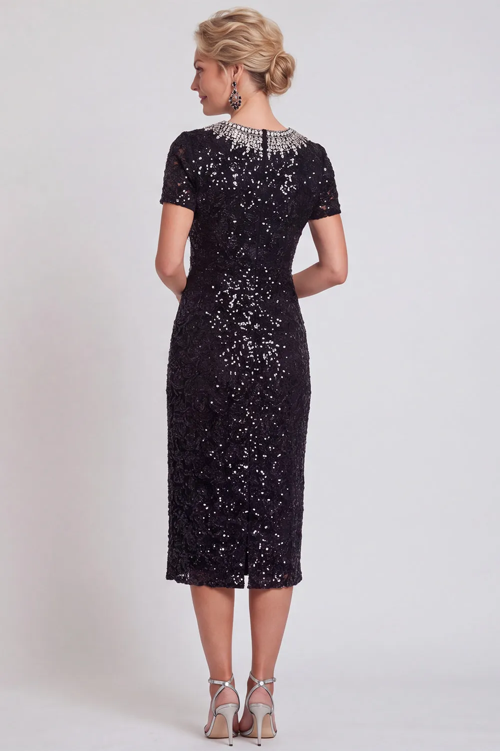 Sparkly Black Round Neck Sequins Bodycon Midi Mother of the Bride Dress with Beading sold by Zapaka product image thumbnail 2
