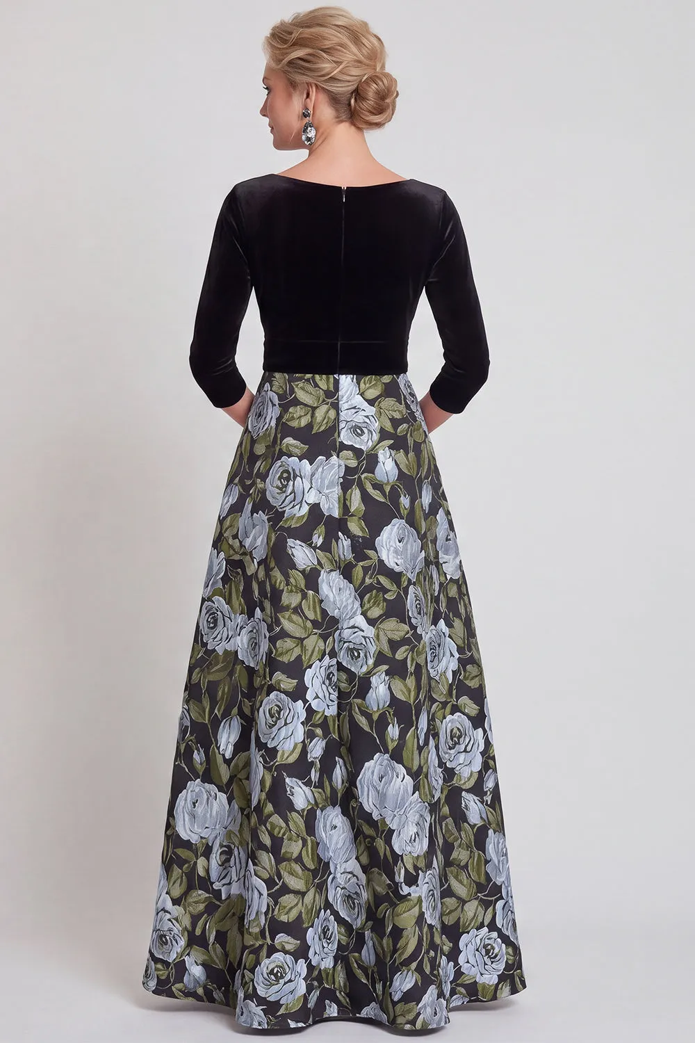 Blue Flower A-Line V-Neck Long Mother of the Bride Dress with 3/4 Sleeves sold by Zapaka product image thumbnail 2