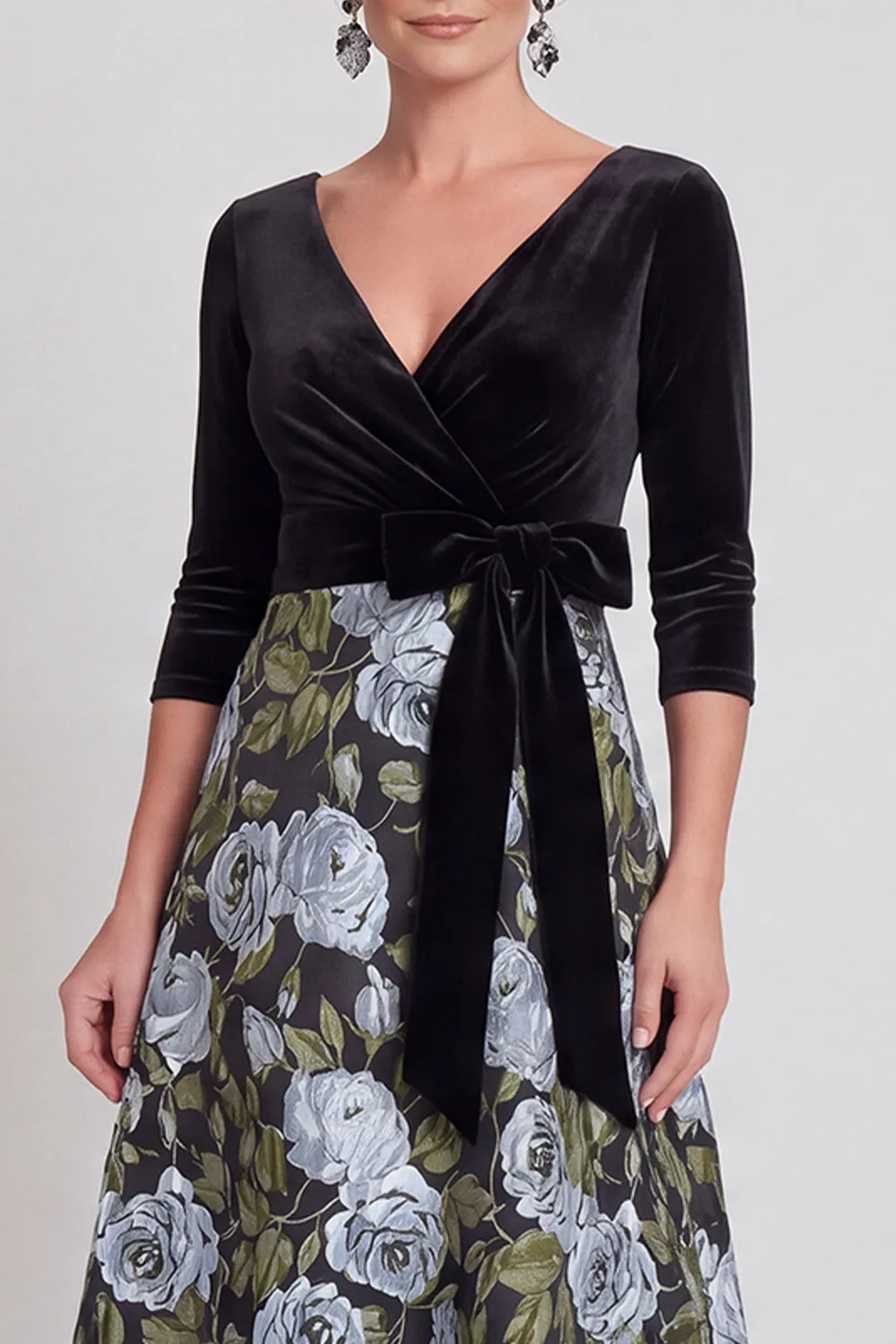 Blue Flower A-Line V-Neck Long Mother of the Bride Dress with 3/4 Sleeves sold by Zapaka product image thumbnail 3