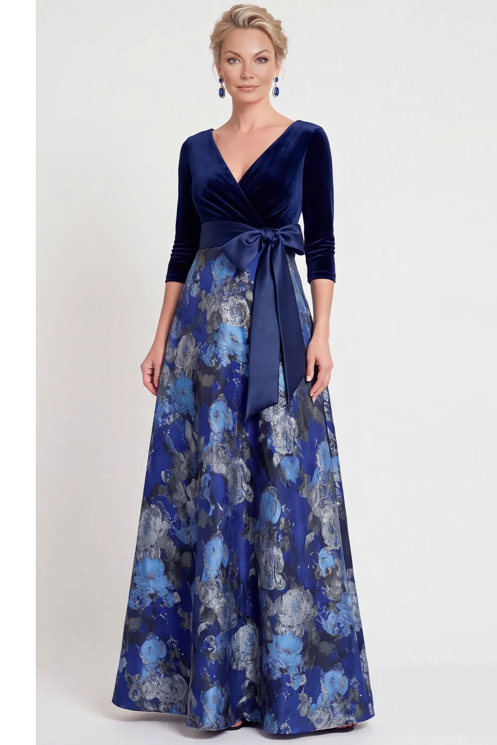 Blue Flower A-Line V-Neck Long Mother of the Bride Dress with 3/4 Sleeves sold by Zapaka product image thumbnail 5