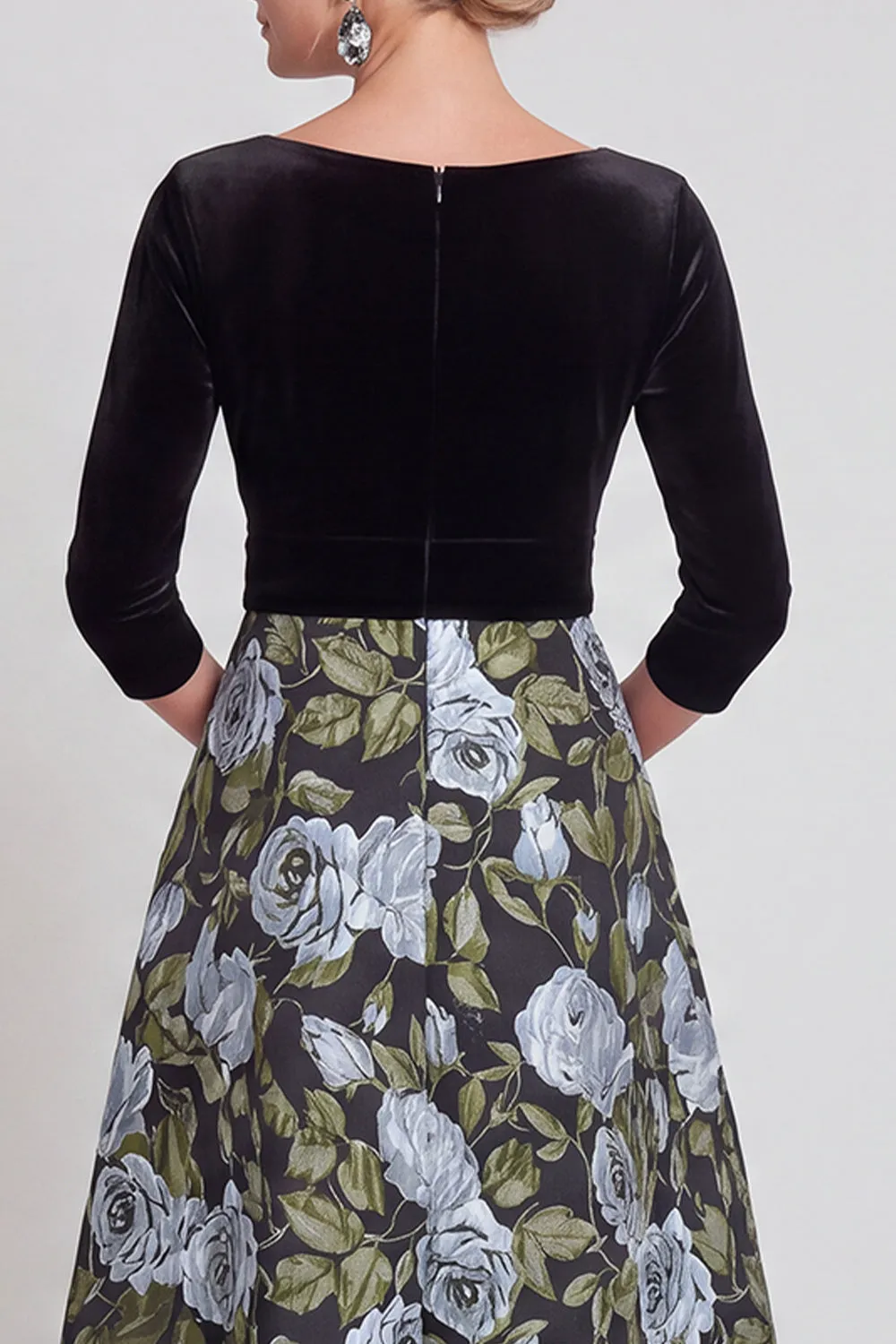 Blue Flower A-Line V-Neck Long Mother of the Bride Dress with 3/4 Sleeves sold by Zapaka product image thumbnail 4