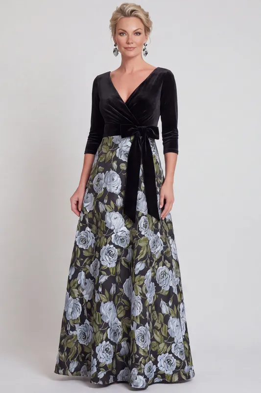 Blue Flower A-Line V-Neck Long Mother of the Bride Dress with 3/4 Sleeves made by Zapaka