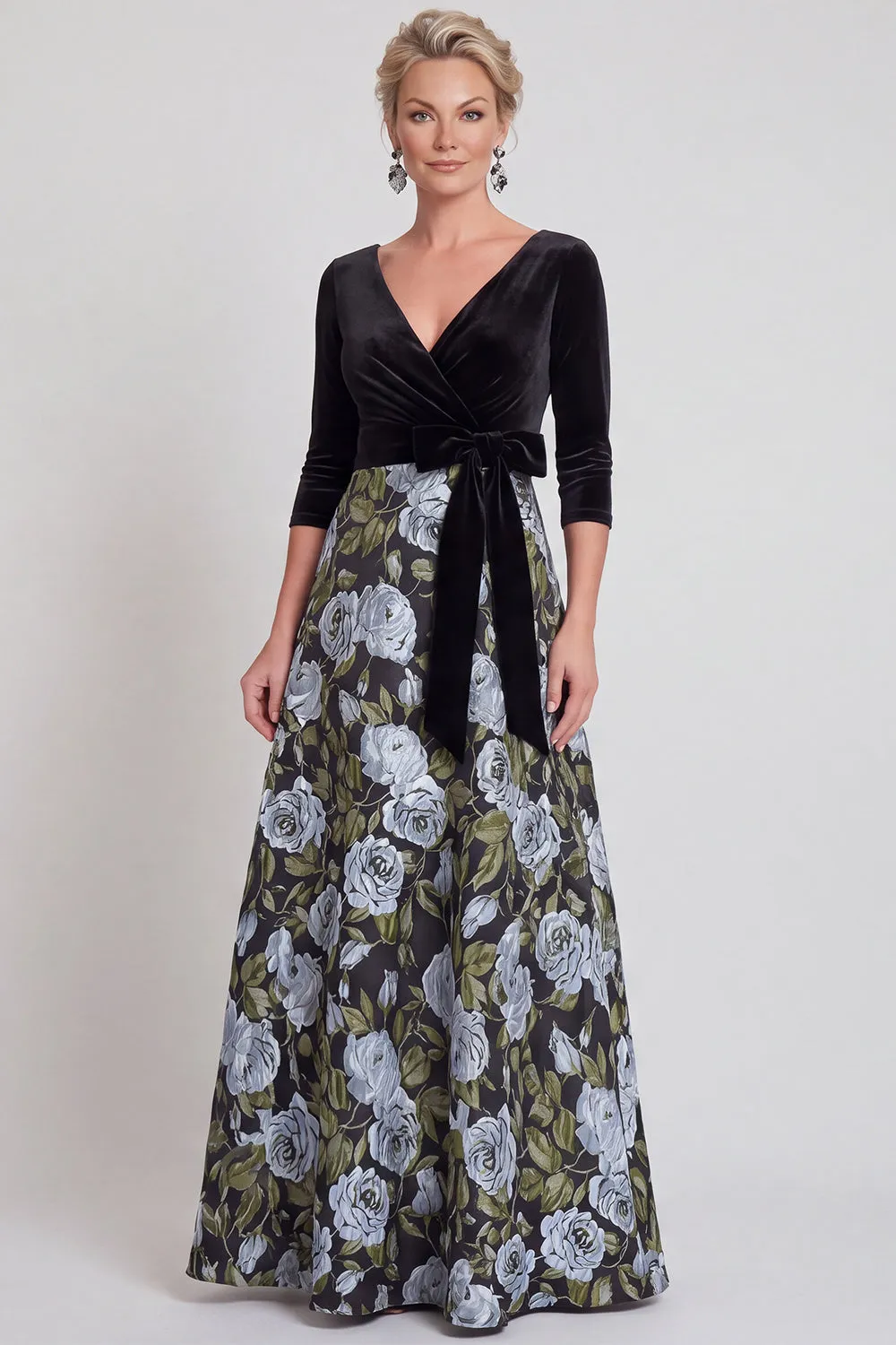 Blue Flower A-Line V-Neck Long Mother of the Bride Dress with 3/4 Sleeves sold by Zapaka