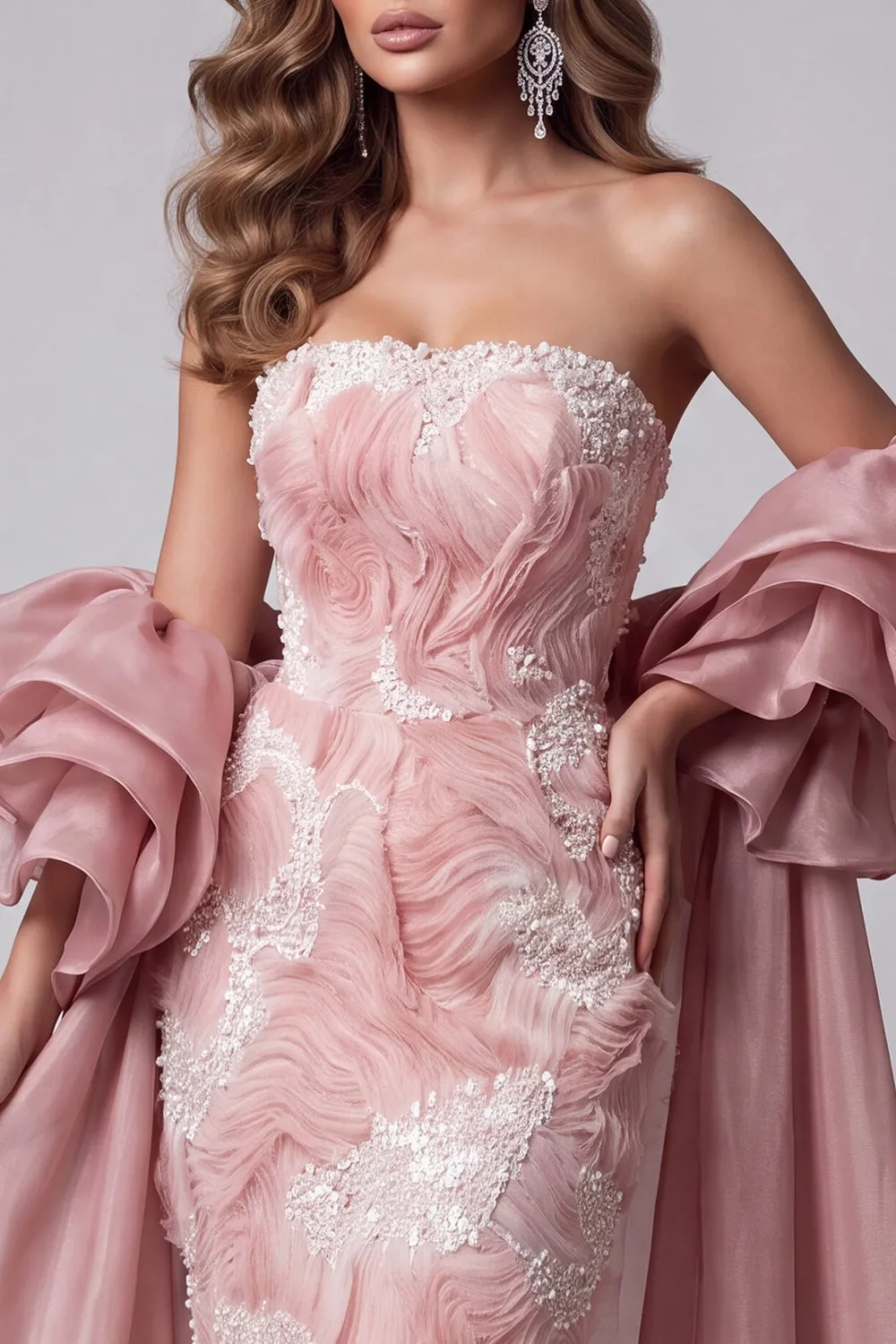 Strapless Pink Mermaid Beaded Long Pageant Dress with Train sold by Zapaka product image thumbnail 3