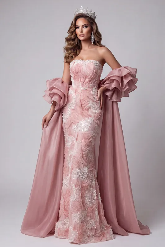 Strapless Pink Mermaid Beaded Long Pageant Dress with Train made by Zapaka
