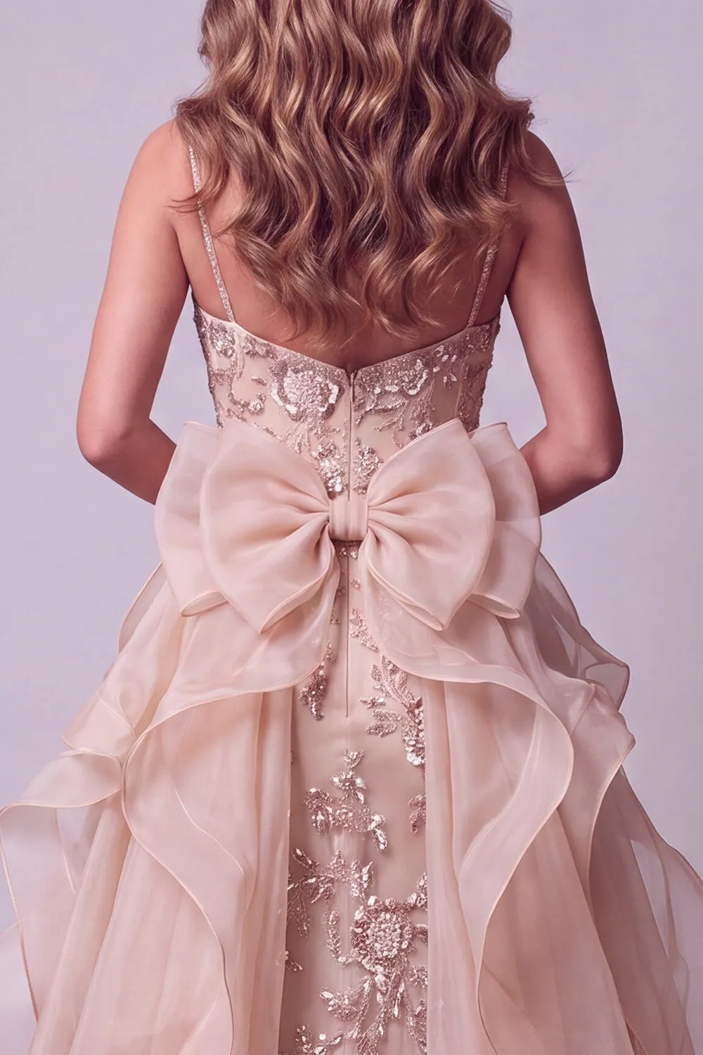 Champagne Mermaid Spaghetti Straps Sequins Long Pageant Dress with Ruffle Train sold by Zapaka product image thumbnail 4