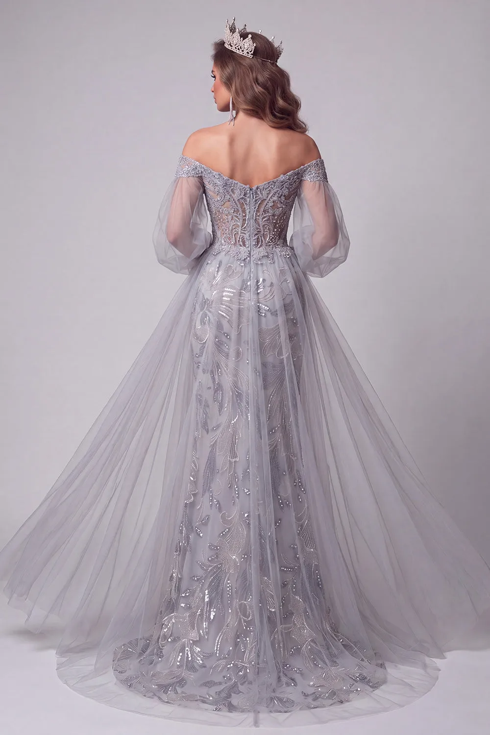 Off the Shoulder Dusty Blue Mermaid Sequins Long Pageant Dress with Train sold by Zapaka product image thumbnail 2