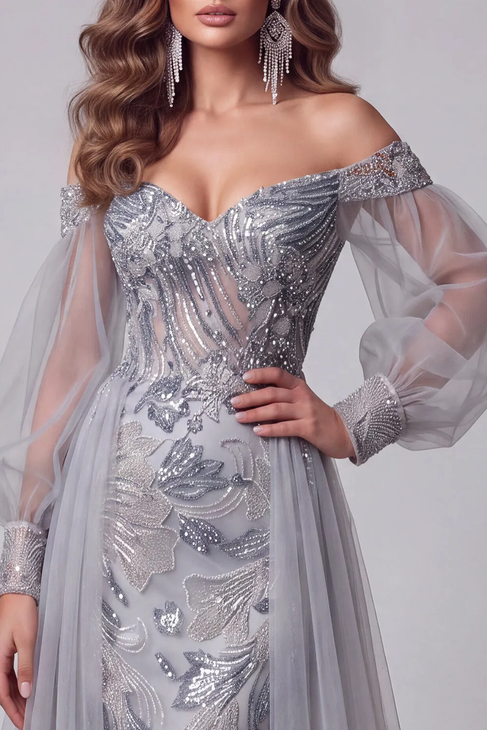 Off the Shoulder Dusty Blue Mermaid Sequins Long Pageant Dress with Train sold by Zapaka product image thumbnail 3