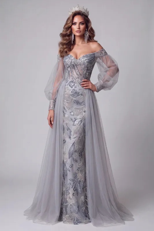 Off the Shoulder Dusty Blue Mermaid Sequins Long Pageant Dress with Train made by Zapaka