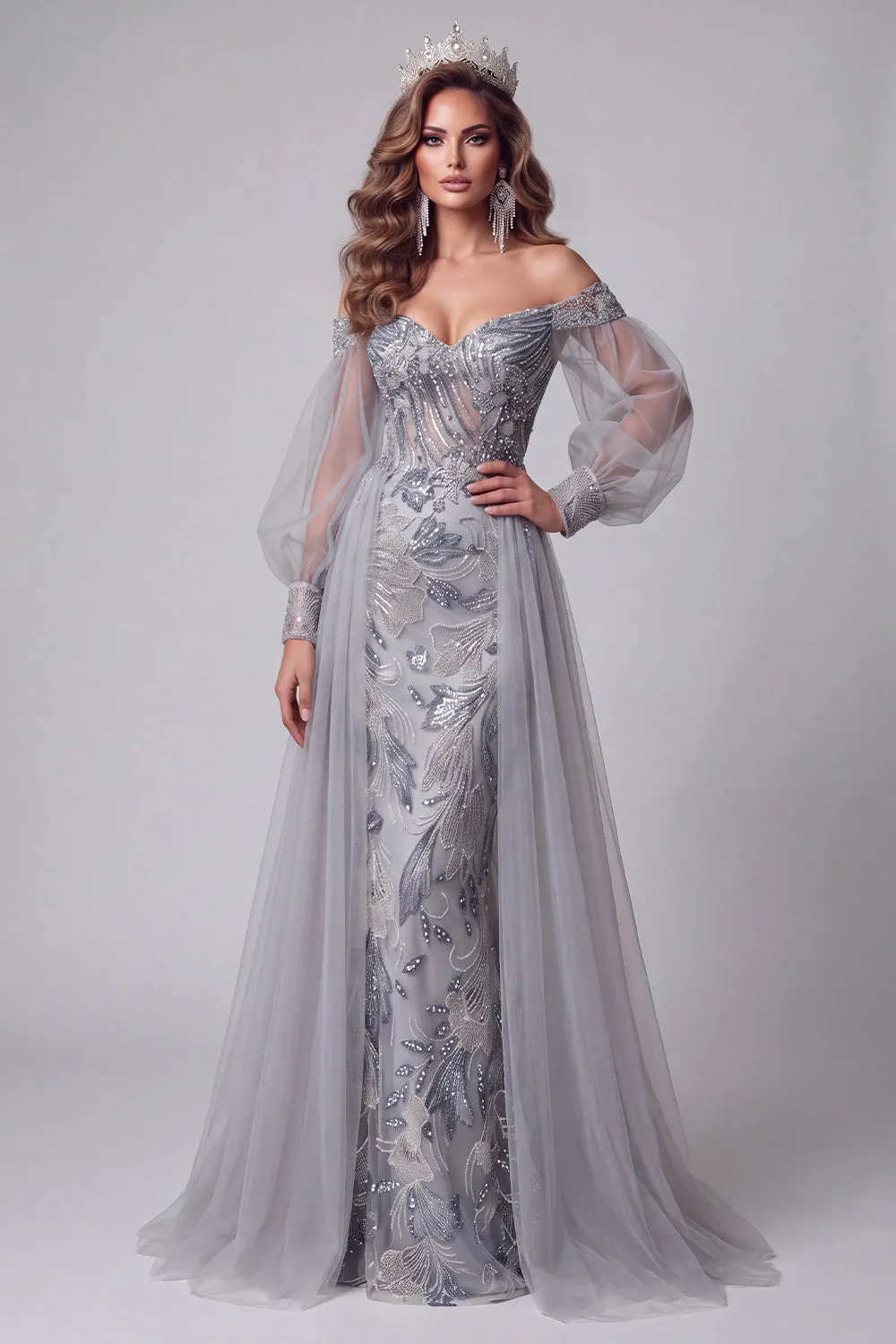 Off the Shoulder Dusty Blue Mermaid Sequins Long Pageant Dress with Train sold by Zapaka