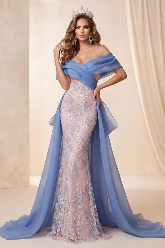 Blue and Pink Off the Shoulder Sequins Mermaid Long Pageant Dress with Train made by Zapaka