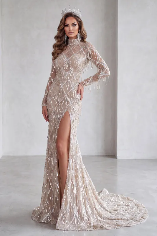 Mermaid Champagne High Neck Sequins Fringed Long Pageant Dress with Slit made by Zapaka
