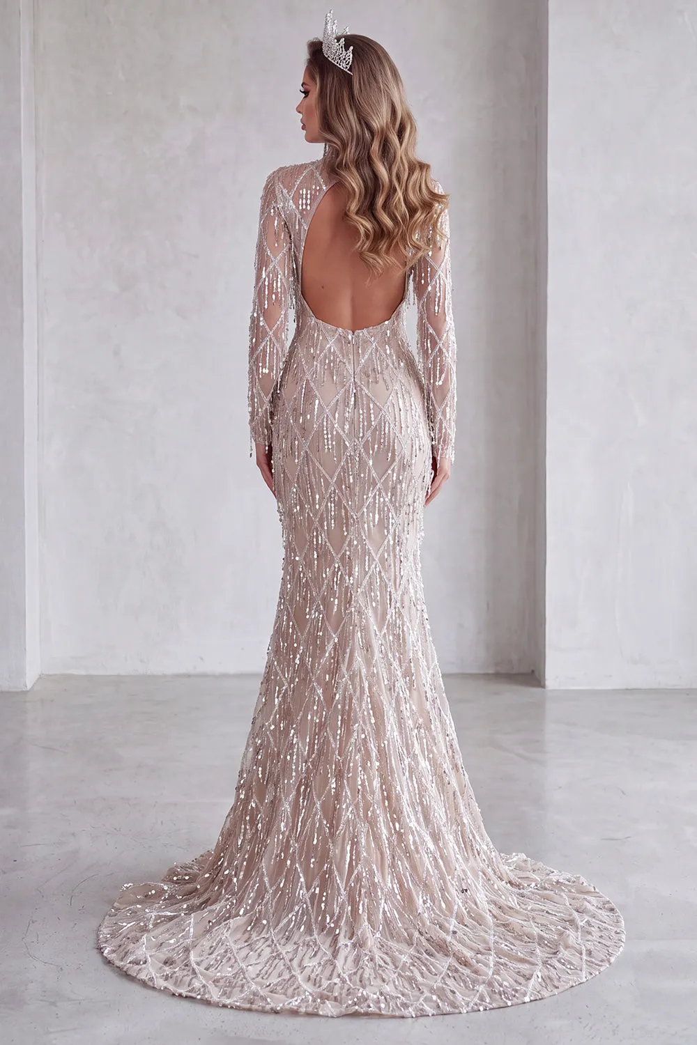 Mermaid Champagne High Neck Sequins Fringed Long Pageant Dress with Slit sold by Zapaka product image thumbnail 2