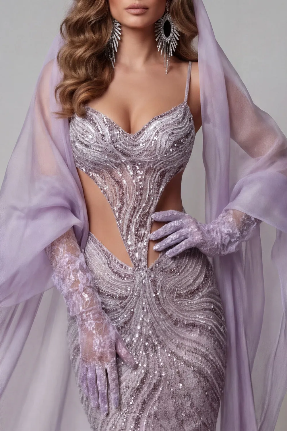 Lilac Spaghetti Straps Mermaid Cut Out Sequins Long Pageant Dress sold by Zapaka product image thumbnail 3