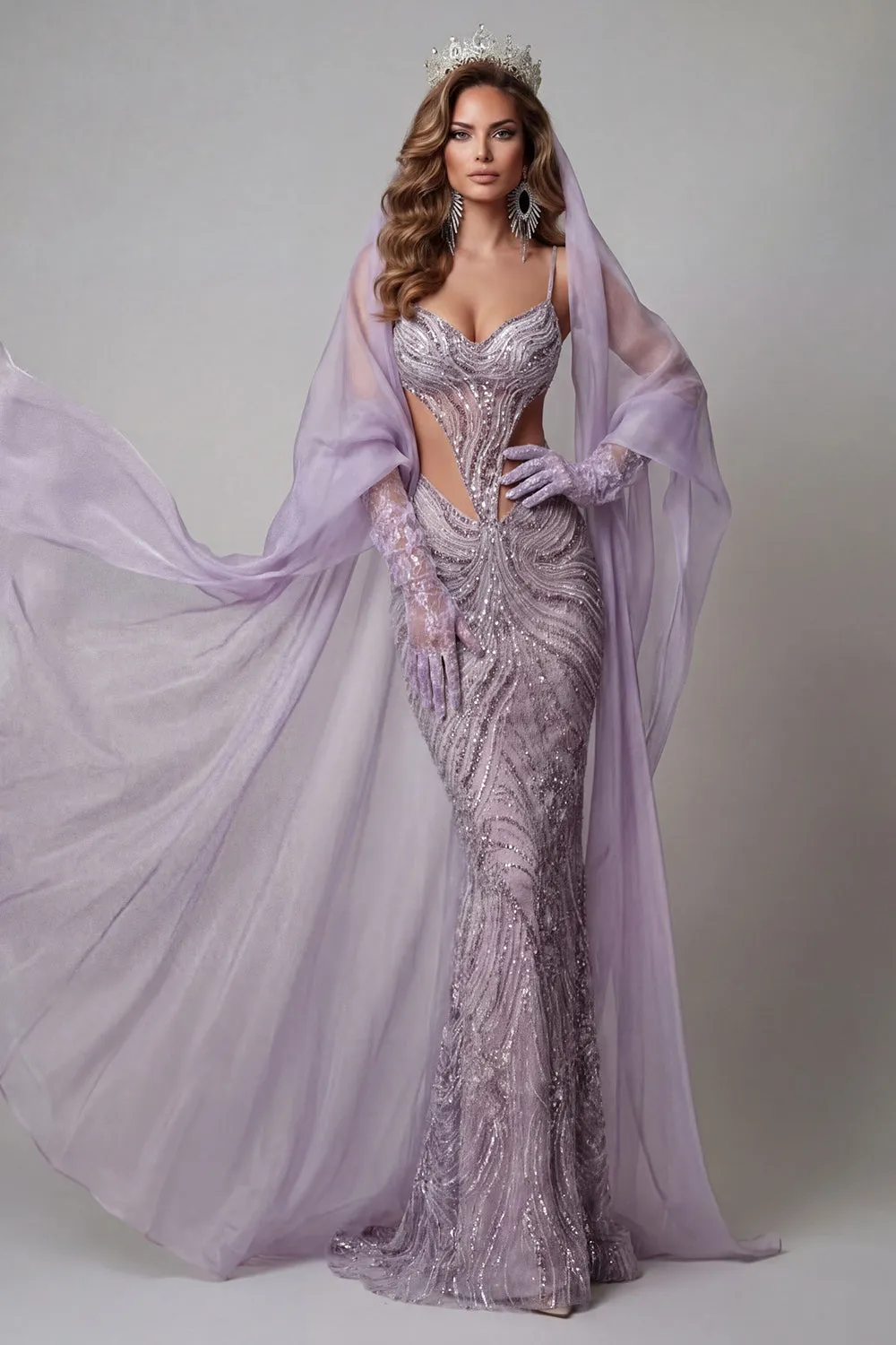 Lilac Spaghetti Straps Mermaid Cut Out Sequins Long Pageant Dress sold by Zapaka