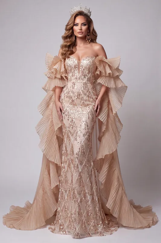 Champagne Sweetheart Mermaid Sequins Long Pageant Dress with Train made by Zapaka