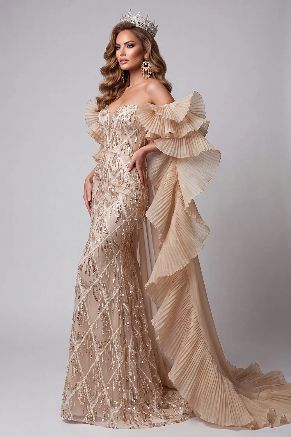 Champagne Sweetheart Mermaid Sequins Long Pageant Dress with Train sold by Zapaka product image thumbnail 3