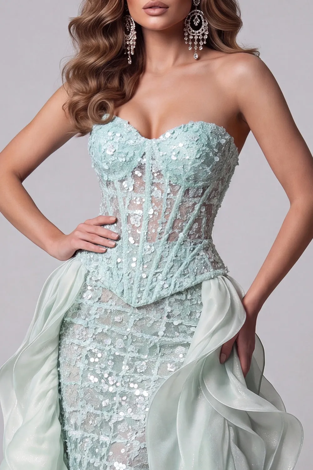 Mint Green Sweetheart Mermaid Sheer Corset Sequins Long Pageant Dress with Ruffle Train sold by Zapaka product image thumbnail 4