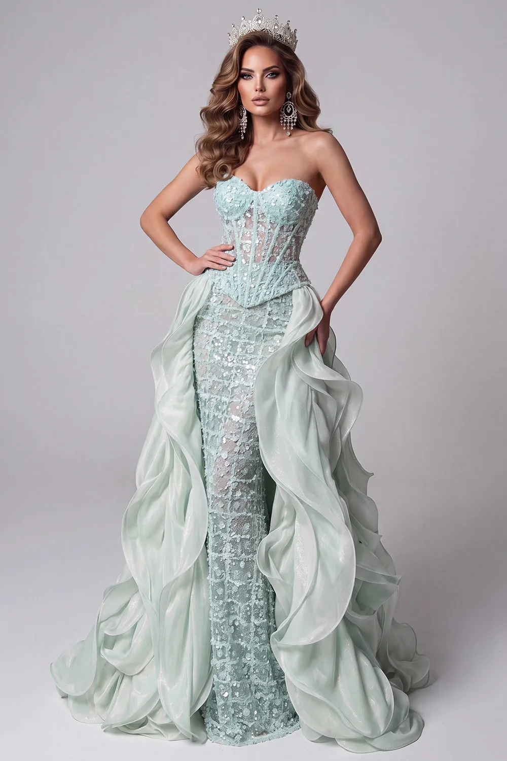 Mint Green Sweetheart Mermaid Sheer Corset Sequins Long Pageant Dress with Ruffle Train sold by Zapaka