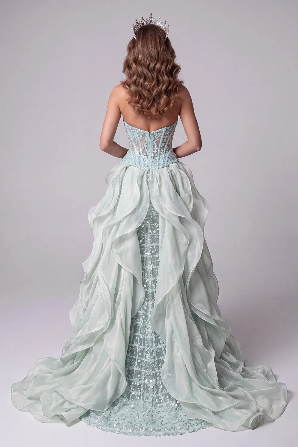 Mint Green Sweetheart Mermaid Sheer Corset Sequins Long Pageant Dress with Ruffle Train sold by Zapaka product image thumbnail 2