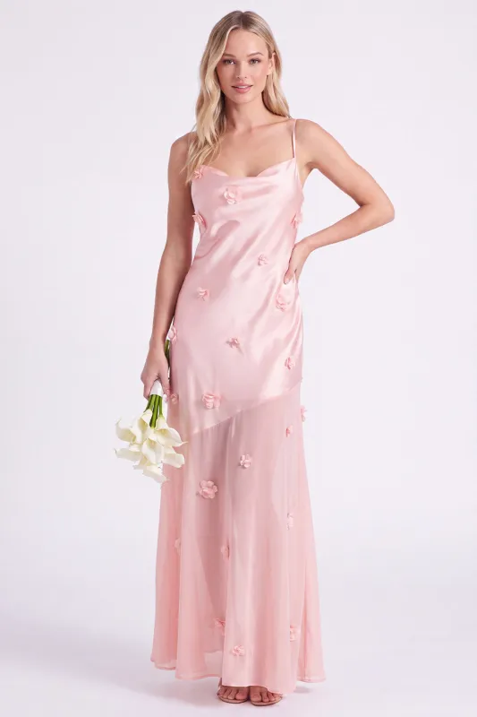 Pink Sheath Satin Spaghetti Straps Long Bridesmaid Dress with 3D Flowers made by Zapaka
