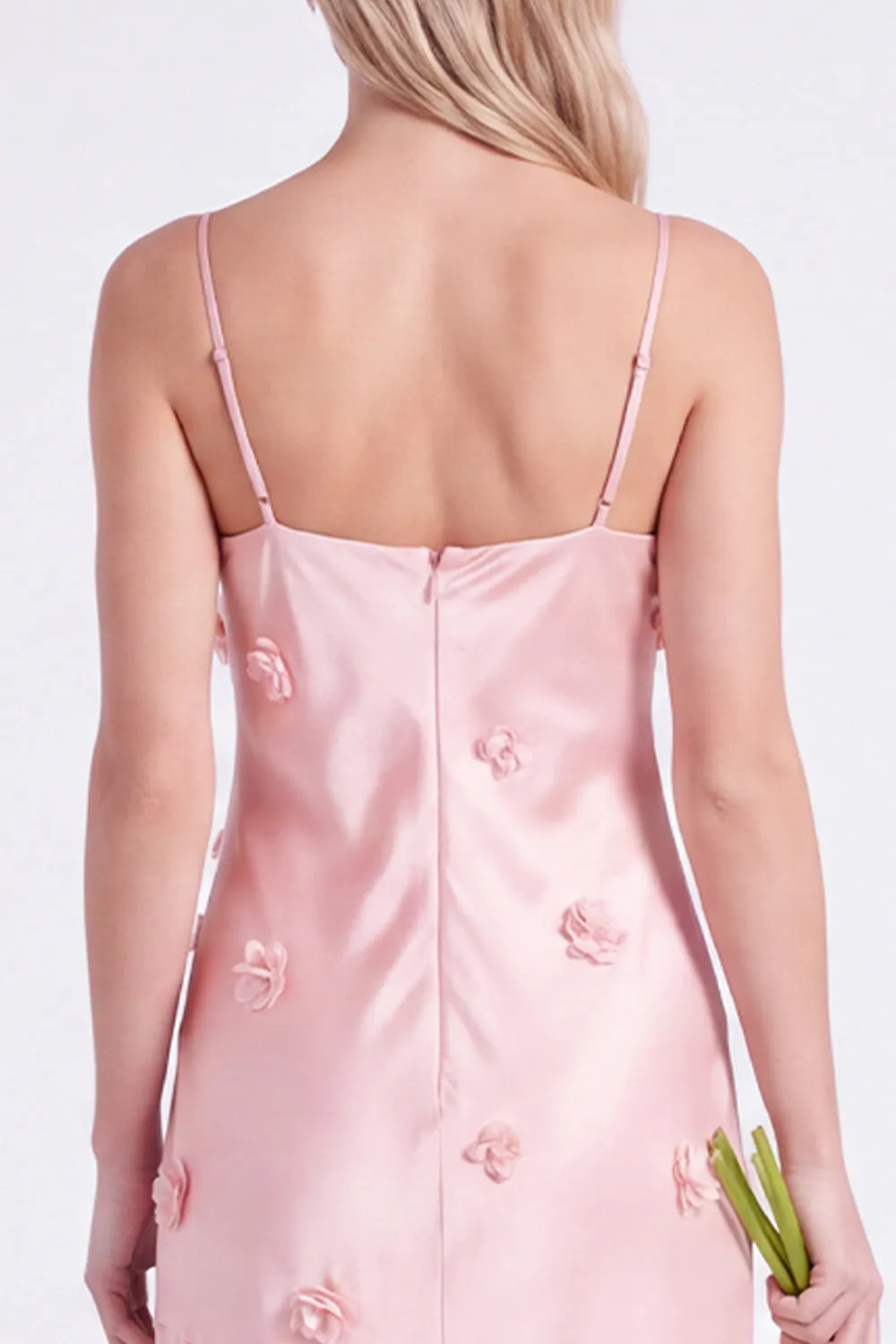 Pink Sheath Satin Spaghetti Straps Long Bridesmaid Dress with 3D Flowers sold by Zapaka product image thumbnail 4