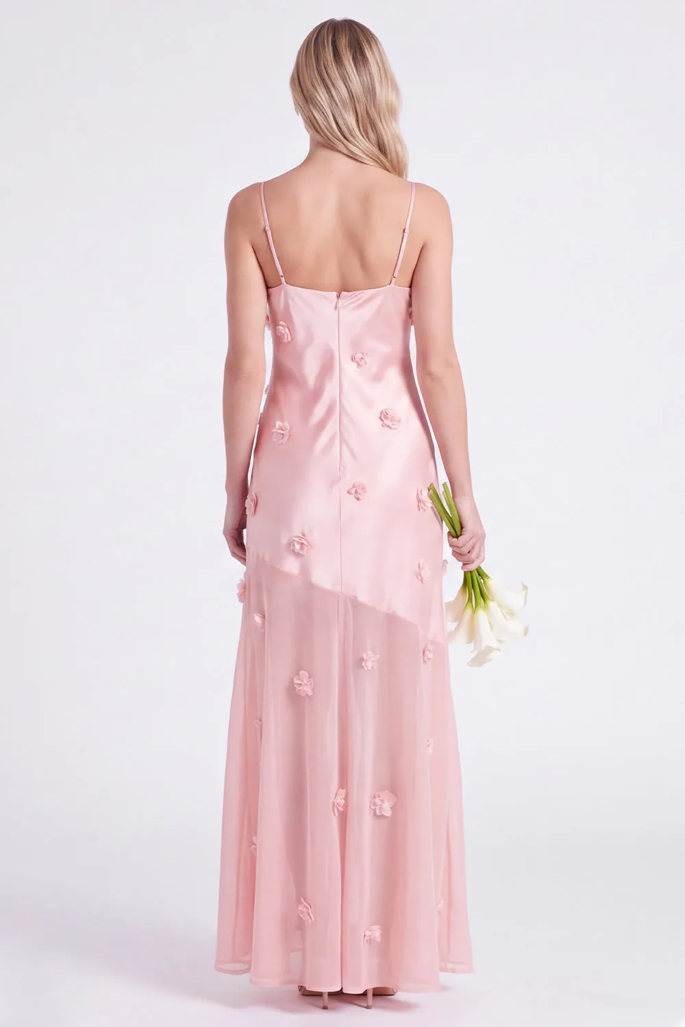 Pink Sheath Satin Spaghetti Straps Long Bridesmaid Dress with 3D Flowers sold by Zapaka product image thumbnail 2