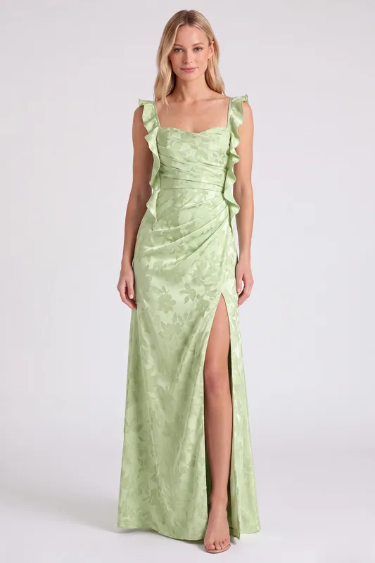 Floral Jacquard Ruffle Strap Long Bridesmaid Dress with Slit made by Zapaka