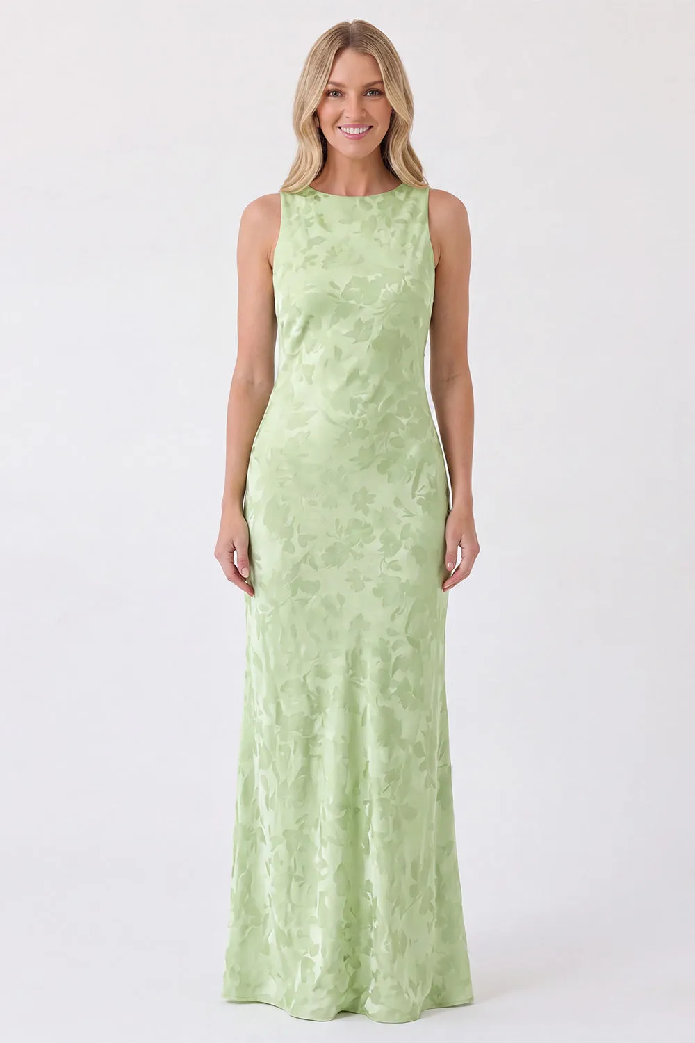 Sage Floral Bateau Neck Mermaid Backless Long Bridesmaid Dress sold by Zapaka