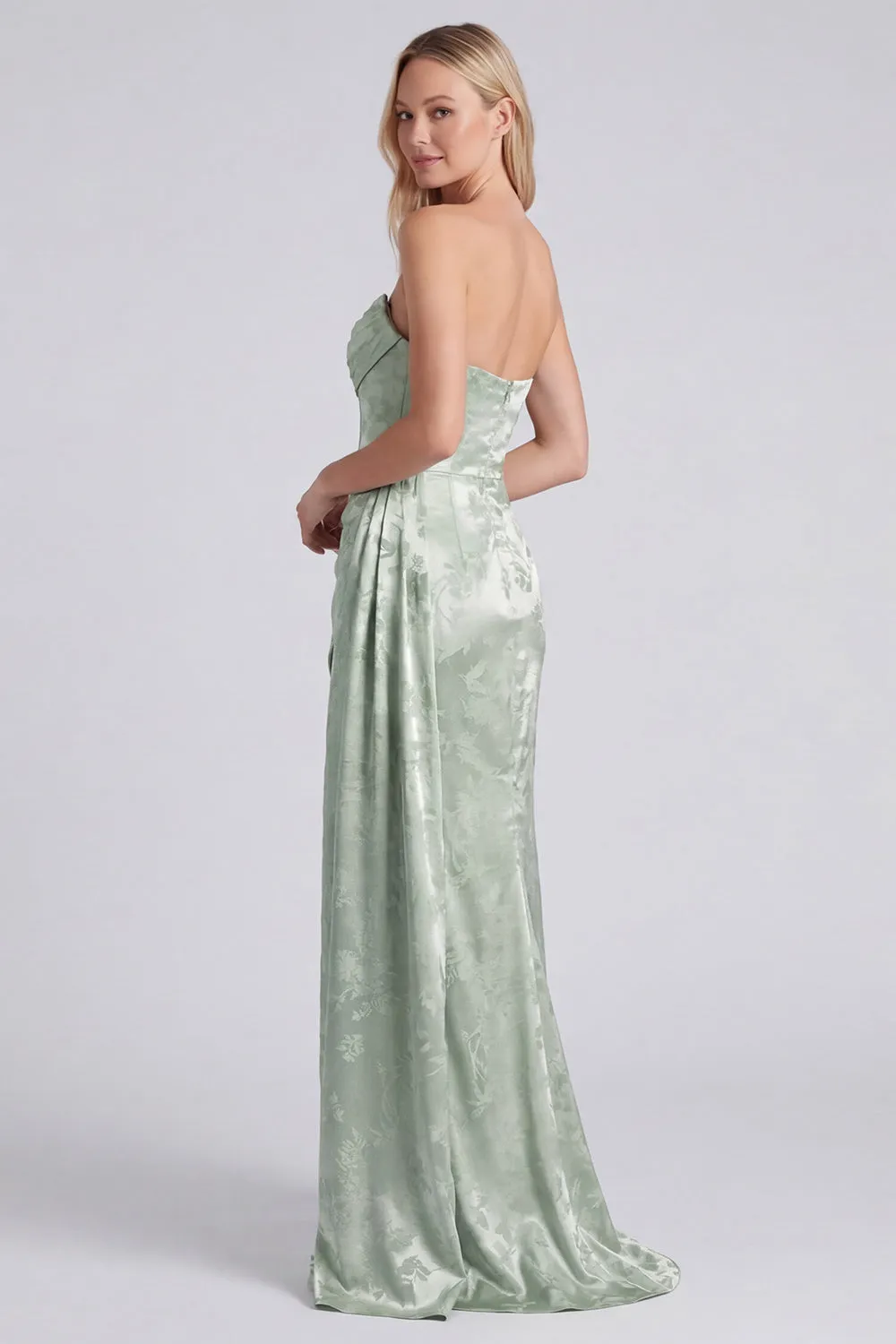 Satin Sage Strapless Ruched Mermaid Floral Long Bridesmaid Dress with Sash sold by Zapaka product image thumbnail 3