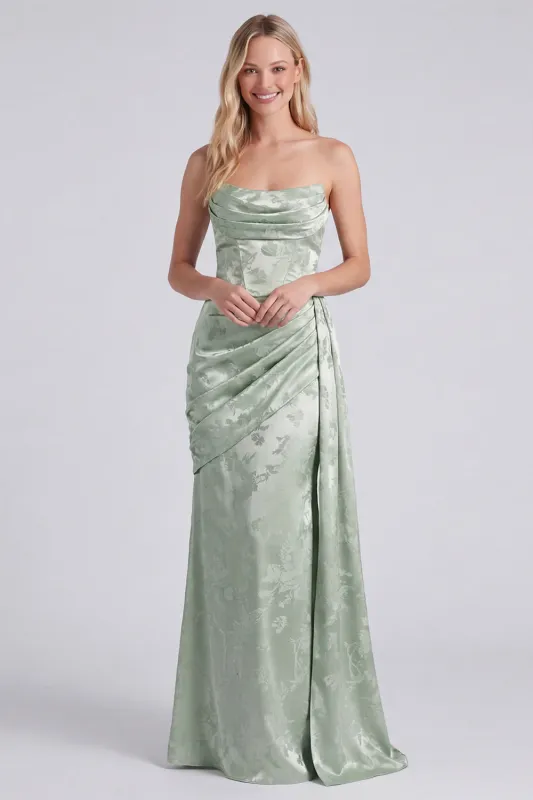 Satin Sage Strapless Ruched Mermaid Floral Long Bridesmaid Dress with Sash made by Zapaka
