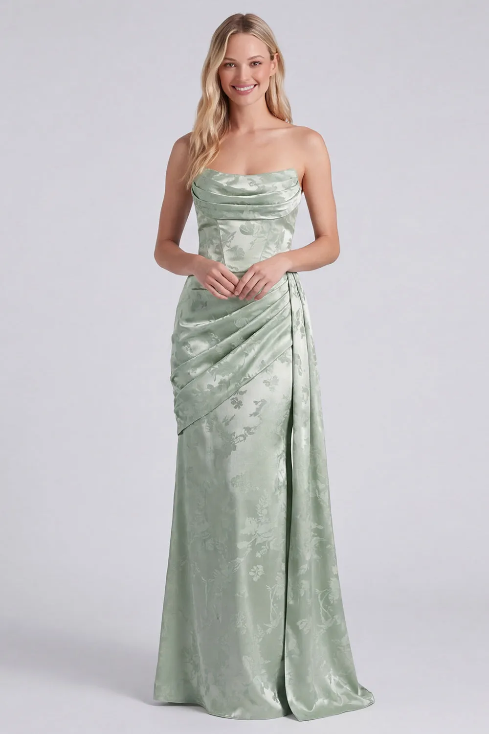 Satin Sage Strapless Ruched Mermaid Floral Long Bridesmaid Dress with Sash sold by Zapaka
