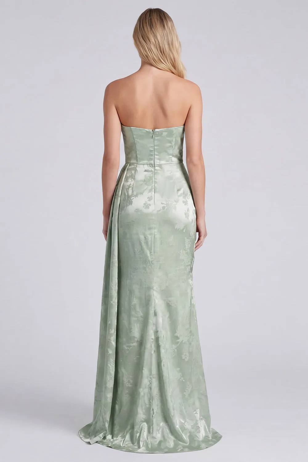 Satin Sage Strapless Ruched Mermaid Floral Long Bridesmaid Dress with Sash sold by Zapaka product image thumbnail 2